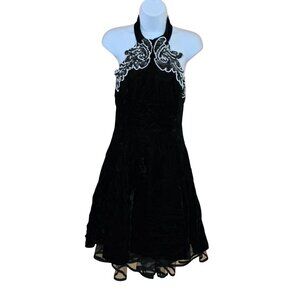 Vintage Black Velvet Halter Dress W/ Bead Sequin Detail whimsygoth elegant glam